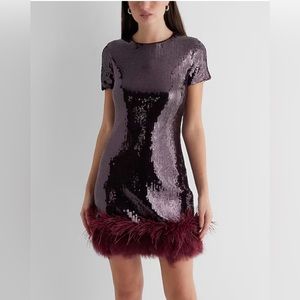 Express Sequin Crew Neck Feather Hem Mini Dress